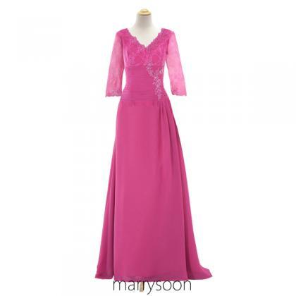 Pink Long Prom Dress, Merlot Sleeves V-neck..
