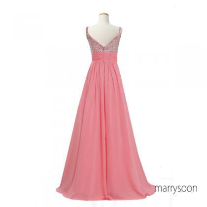 Gorgeous Coral Pink Beaded Chiffon Prom Dresses,..