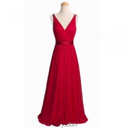Red Long Chiffon Bridesmaid Dresses, V-neck Prom..