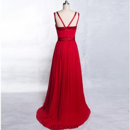 Red Long Chiffon Bridesmaid Dresses, V-neck Prom..