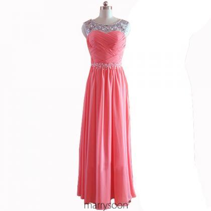 Coral Pink Sequined Illusion Neck Chiffon Prom..