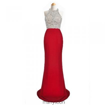 Red Sequined Illusion Mermaid Chiffon Prom Dresses..