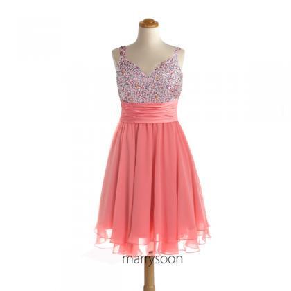 Coral Pink Sequined Short Chiffon Prom Dresses,..