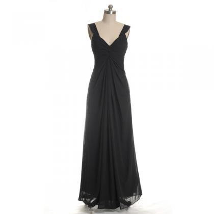 Black Long Chiffon V-neck Bridesmaid Dresses, Full Length Black Ruffled ...