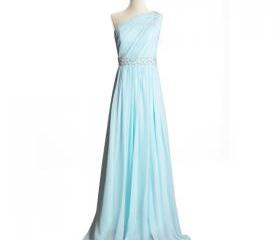 Pastel Blue Illusion One Shoulder Chiffon Bridesmaid Dresses With Beads ...