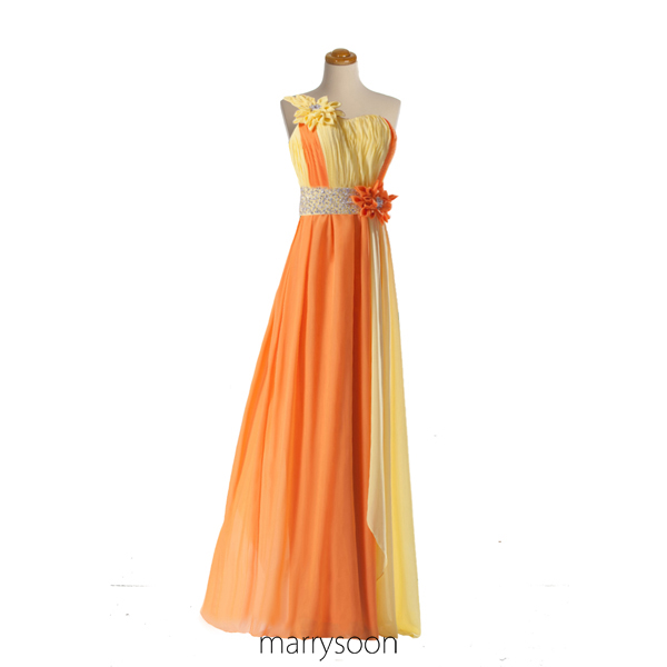 Amazing Orange Beaded Chiffon Prom Dresses, Floral One Shoulder Beaded Ombre Colored Prom Dress, A-line Empire Waist Prom Dresses 2016 Md021