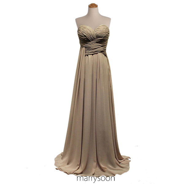 Earth Colored Pleated Chiffon Bridesmaid Dress, Neutral Color Strapless Long Bridesmaid Dresses, Full Length A-line Bridesmaid Gown Md022
