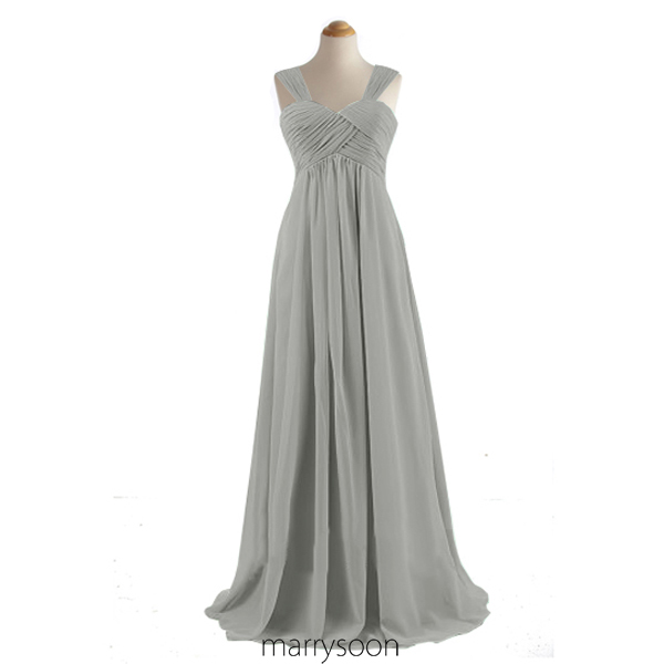 Light Gray Chiffon Long Bridesmaid Dresses, Cap Sleeves A-line Floor Length Bridesmaid Gown, Platinum Empire Waist Bridesmaid Gown Md031