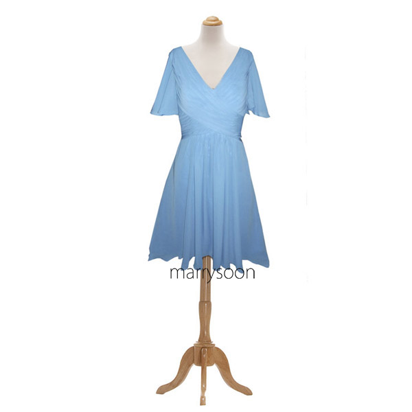 Perwinkle Chiffon Short Bridesmaid Dresses, Knee Length V-neck Bridesmaid Gown With Short Sleeves Md044