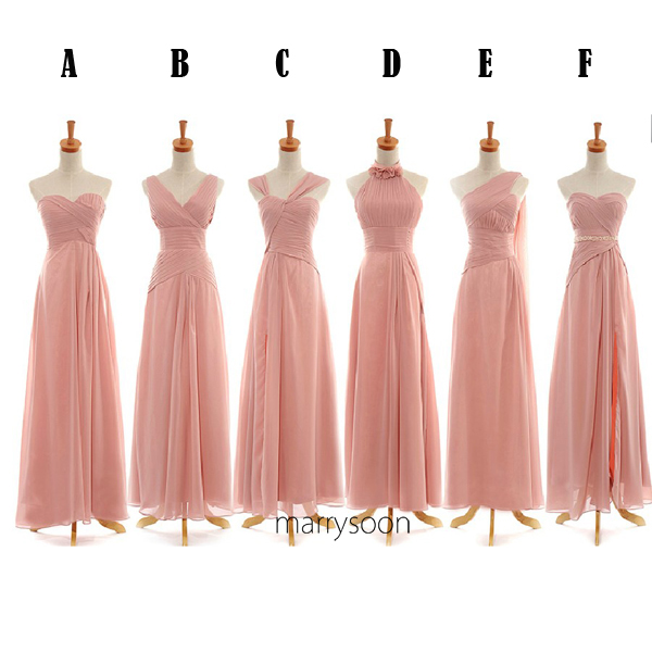 Mix And Match Pinkish Long Bridesmaid Dresses, Dusty Pink One Shoulder, Halter, Strapless, V-neck Long Bridesmaid Gown Md047