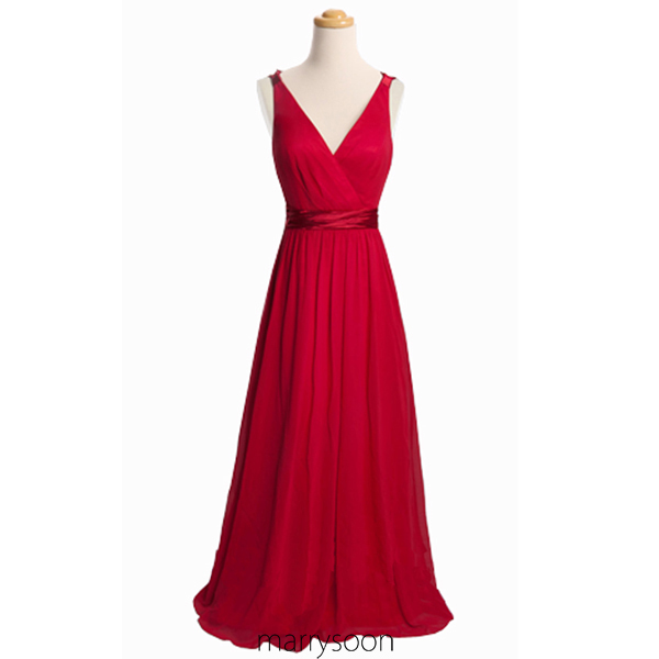 Red Long Chiffon Bridesmaid Dresses, V-neck Prom Dresses With Sweep Train, Full Length A-line Red Carpet Evening Dresses Md048