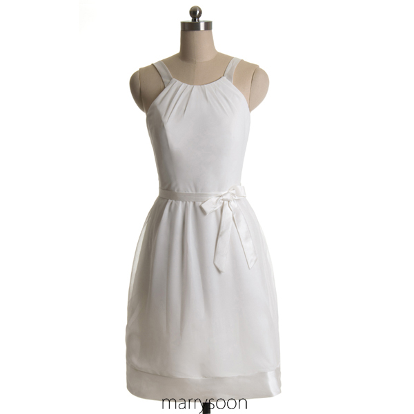 White Chiffon Short Halter Neck Bridesmaid Dresses, Knee Length Junior Bridesmaid Dress With Waistband Md051