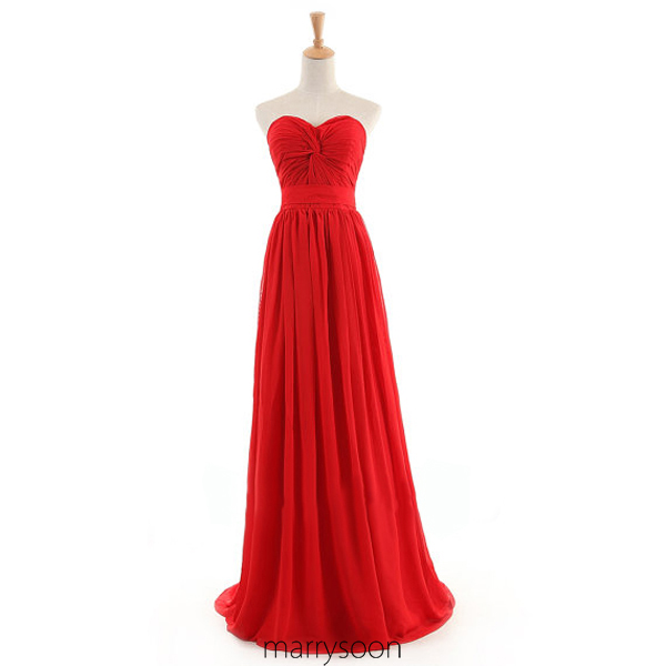 Red Colored Strapless Chiffon Bridesmaid Dresses, Flame A-line Floor Length Bridesmaid Gown With Train Md058