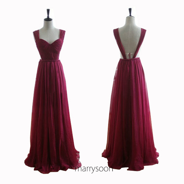 Wine Colored Chiffon Open Back Prom Dresses Deep Claret Sweetheart Neck Cap Sleeves Backless