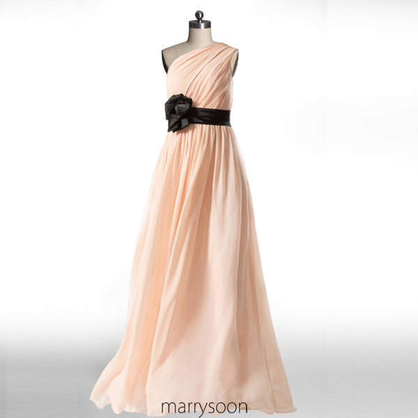 One Shoulder Rose Colored Chiffon Bridesmaid Dresses, Peach Pastel Pink A-line Floor Length Bridesmaid Gown With Black Waistband Md060