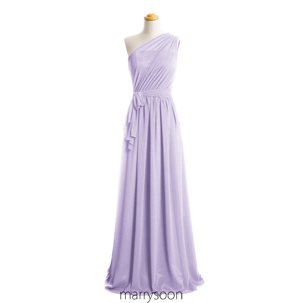 Pastel Lilac Illusion One Shoulder Chiffon Bridesmaid Dresses, Light Purple A-line Floor Length Bridesmaid Gown With Sash Md063
