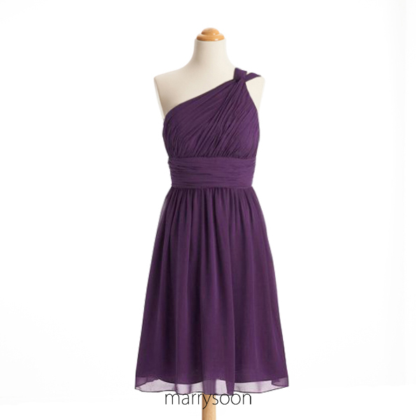 Aubergine Purple One Shoulder Short Bridesmaid Dresses, Single Shoulder Knee Length Dark Purple Bridesmaid Dress Md079