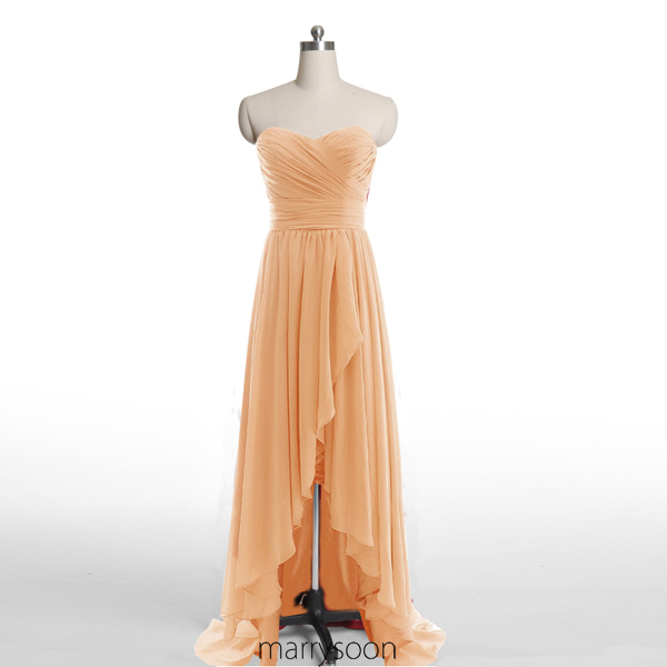 Orange High Low Chiffon Bridesmaid Dresses, Hi-lo Peach Orange A-line Sweetheart Neck Bridesmaid Gown Md080