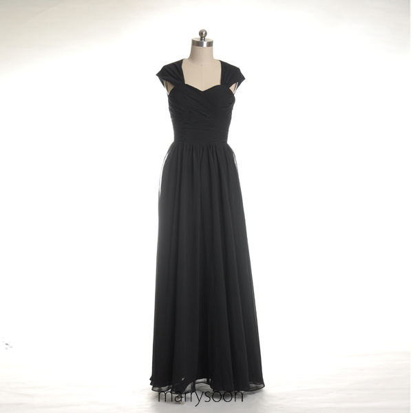Cap Sleeves Black Chiffon Bridesmaid Dresses, Key Hole Back Black A-line Floor Length Bridesmaid Gown Md081