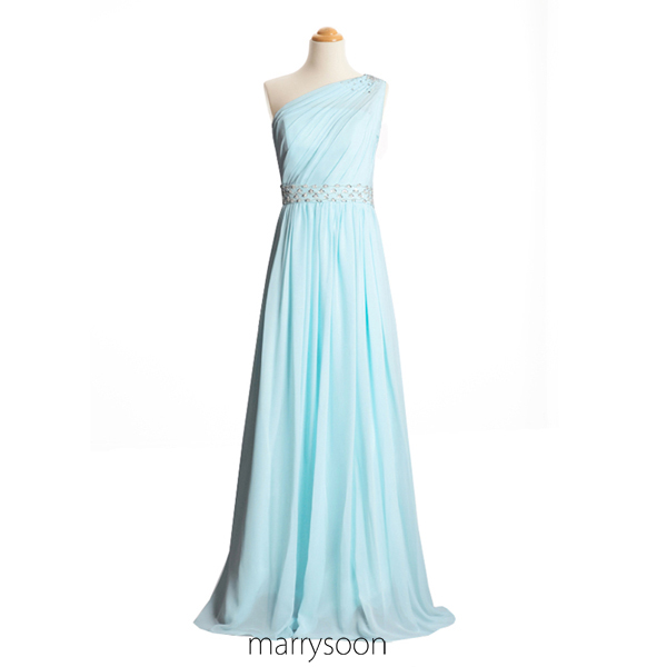 Pastel Blue Illusion One Shoulder Chiffon Bridesmaid Dresses With Beads, Light Sky Blue A-line Floor Length Prom Dress Md085