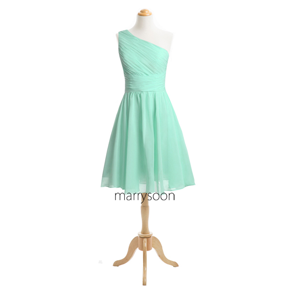 Mint One Shoulder Short Bridesmaid Dresses, Single Shoulder Knee Length Pastel Greem Bridesmaid Dress Md090