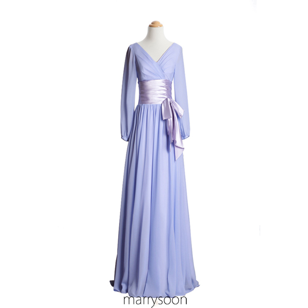 Long Sleeves Pastel Lilac Chiffon Bridesmaid Dresses, V-neck Lavender A-line Floor Length Mother's Dress,bridesmaid Dress For Maid Of