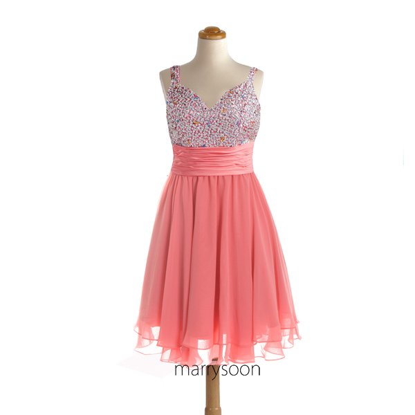 Coral Pink Sequined Short Chiffon Prom Dresses, Peach Orange Beaded Sweetheart Neck Knee Length Cocktail Dresses Md105