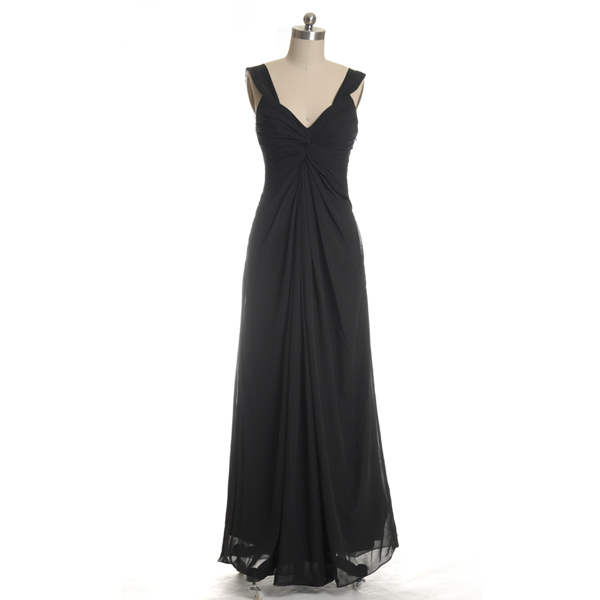 Black Long Chiffon V-neck Bridesmaid Dresses, Full Length Black Ruffled A-line Bridesmaid Gown Md151