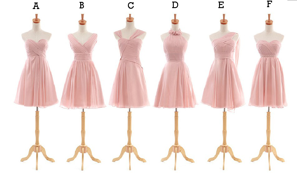 Pink Gray Mix And Matched Short Bridesmaid Dresses, V-neck, Strapless, One Shoulder,halter Neck Pink Knee Length Bridesmaid Dresses Md138